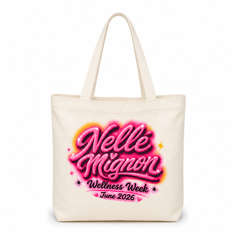 Nelle Mignon Wellness Week cream canvas tote with pink airbrush graphic